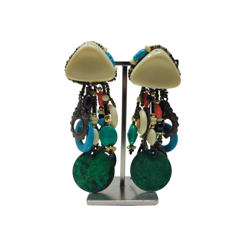 Vintage Eclectic Beaded Drop Clip-On Earrings | 3.50"